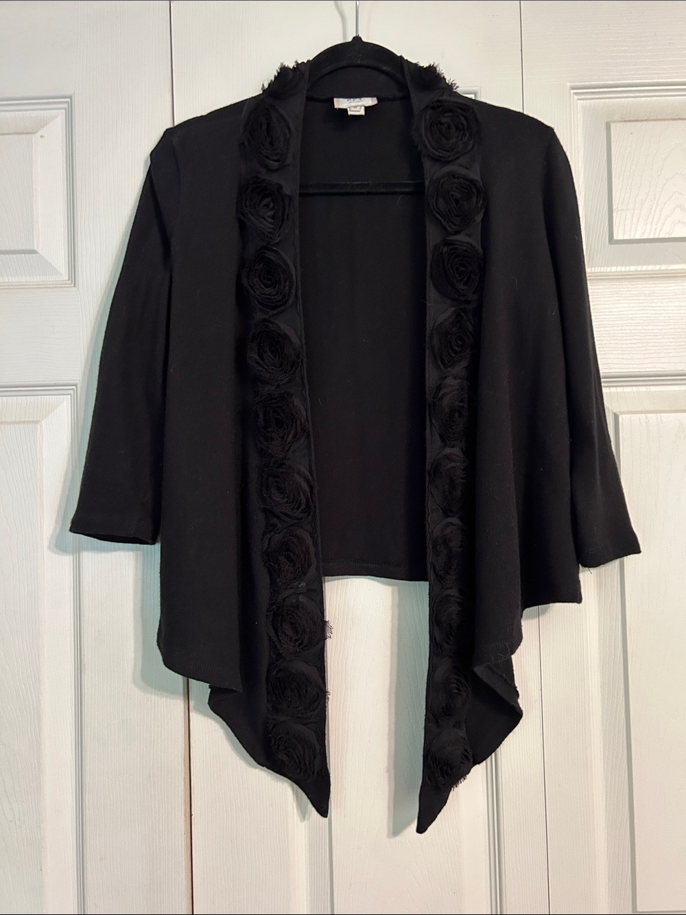 ECI Black Open-Front Shrug Cardigan Rosette Trim Medium Black Waterfall Office